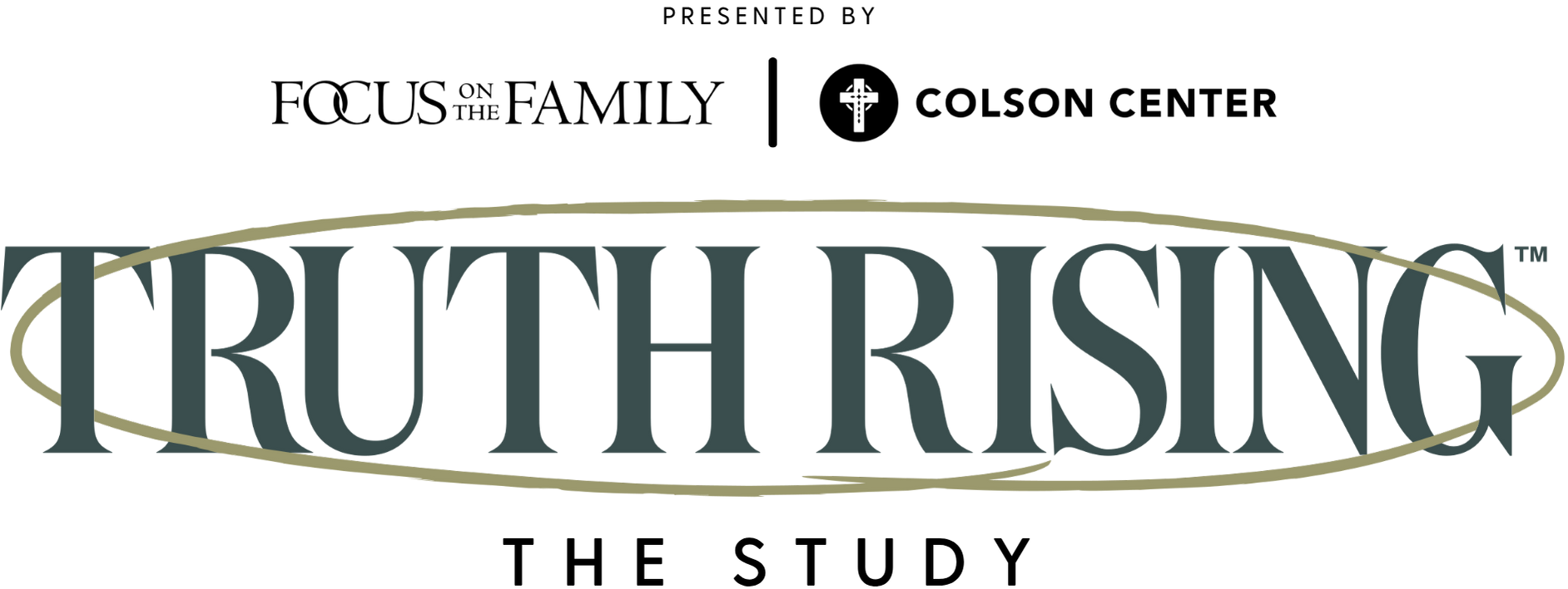 Presented by Focus on the Family &amp; Colson Center: "Truth Rising" spelled out in dark green capital letters with a gold pencil mark circling around it. The Study